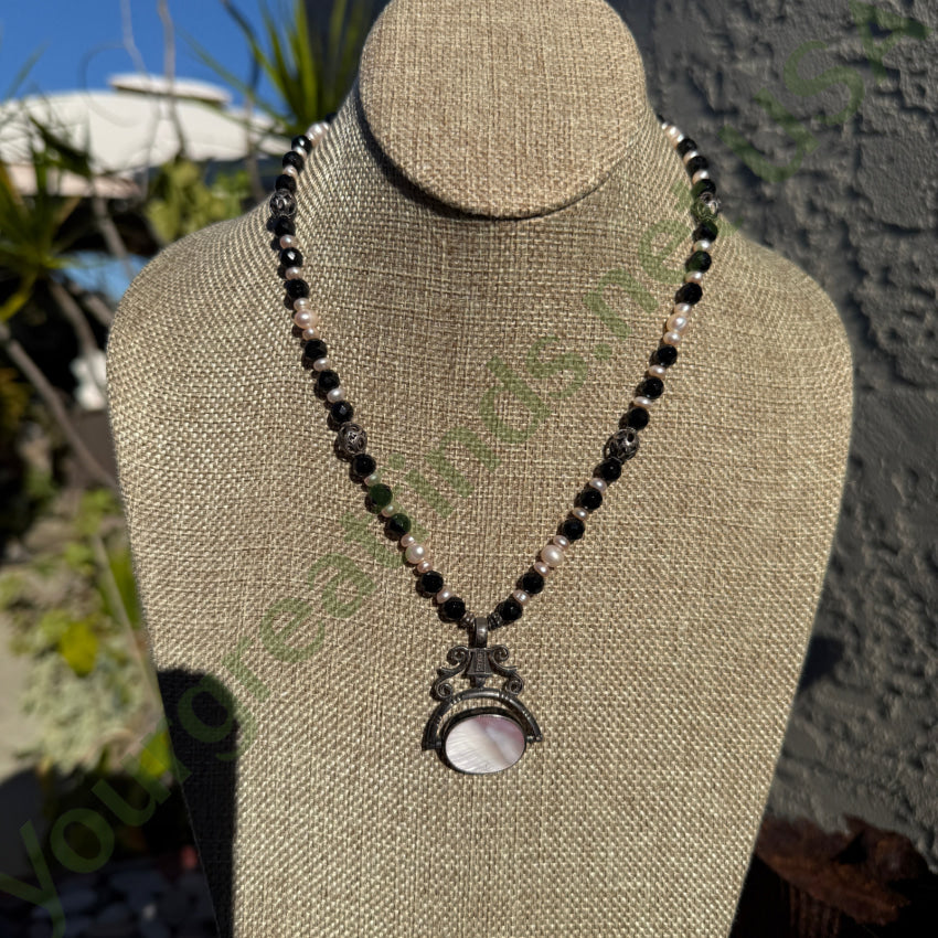 Vintage Beaded Necklace Sterling Silver Double Sided Pendant Pearls necklace