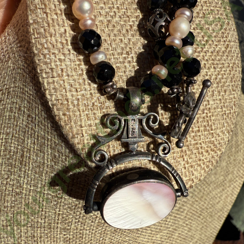 Vintage Beaded Necklace Sterling Silver Double Sided Pendant Pearls necklace