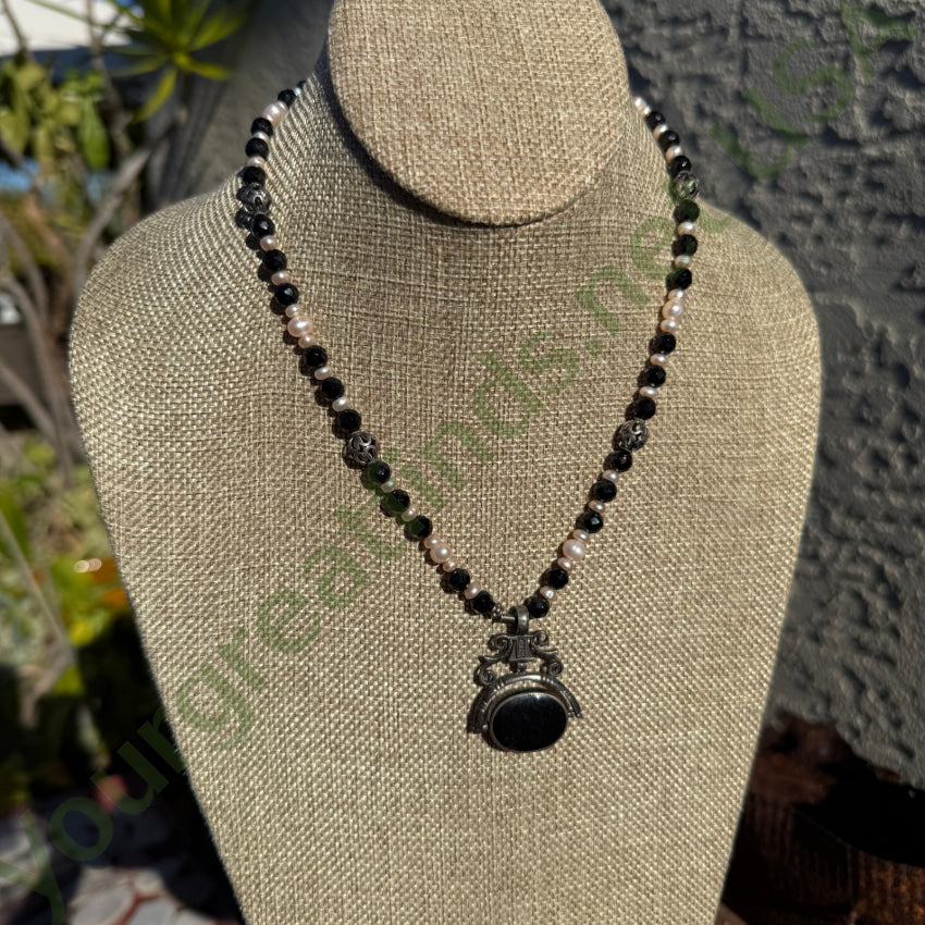 Vintage Beaded Necklace Sterling Silver Double Sided Pendant Pearls necklace