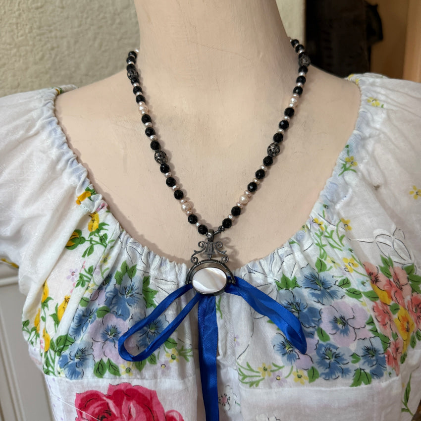 Vintage Beaded Necklace Sterling Silver Double Sided Pendant Pearls necklace