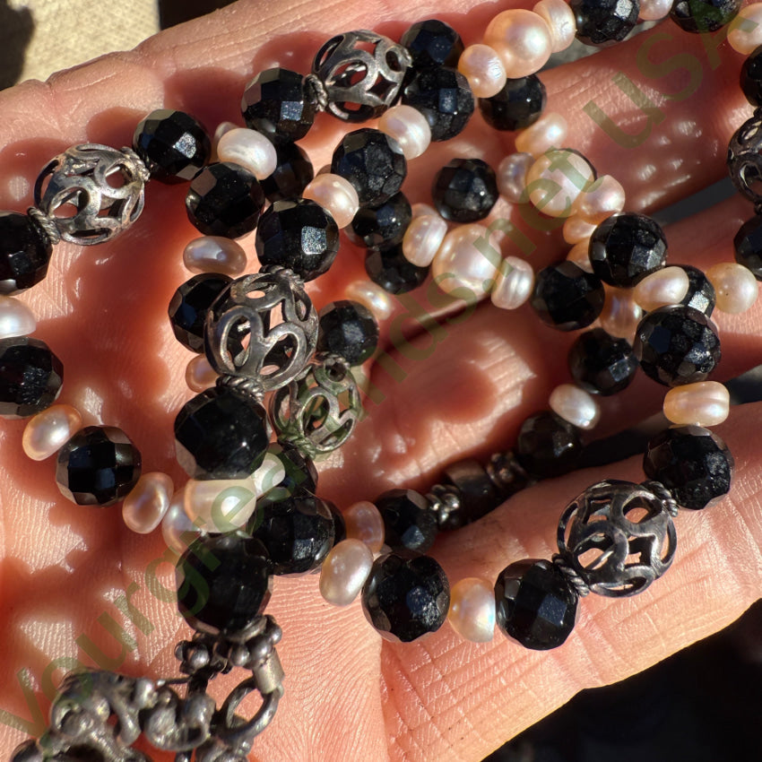 Vintage Beaded Necklace Sterling Silver Double Sided Pendant Pearls necklace