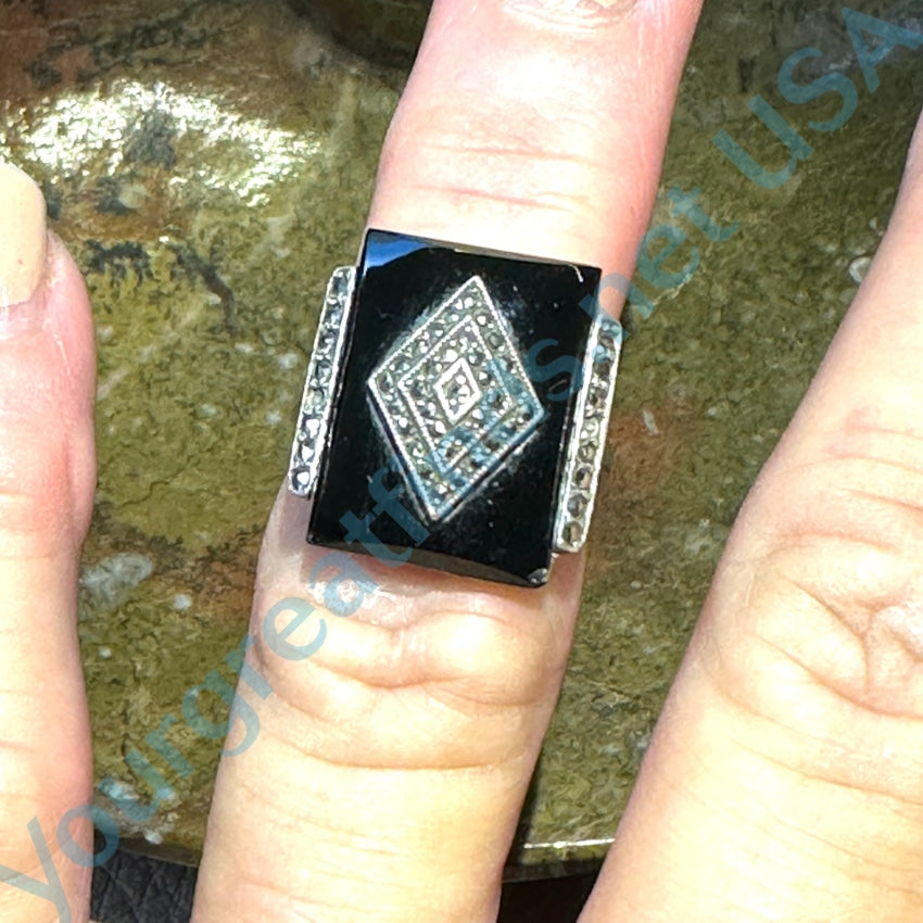 Vintage Black Onyx Marcasite Ring Sterling Silver Size 5