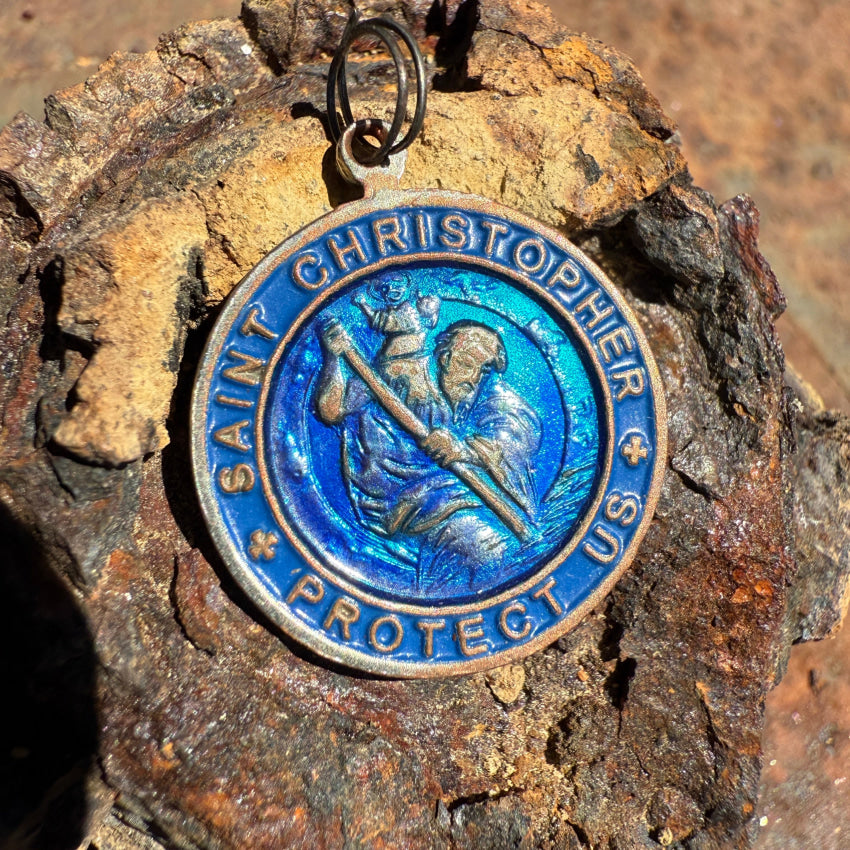 Vintage Blue Enamel on Copper Surfer Saint Christopher Pendant St. Christopher Necklace