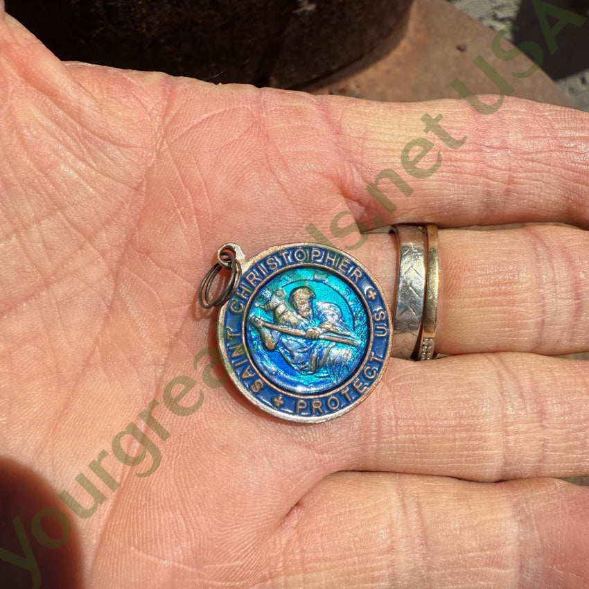 Vintage Blue Enamel on Copper Surfer Saint Christopher Pendant St. Christopher Necklace