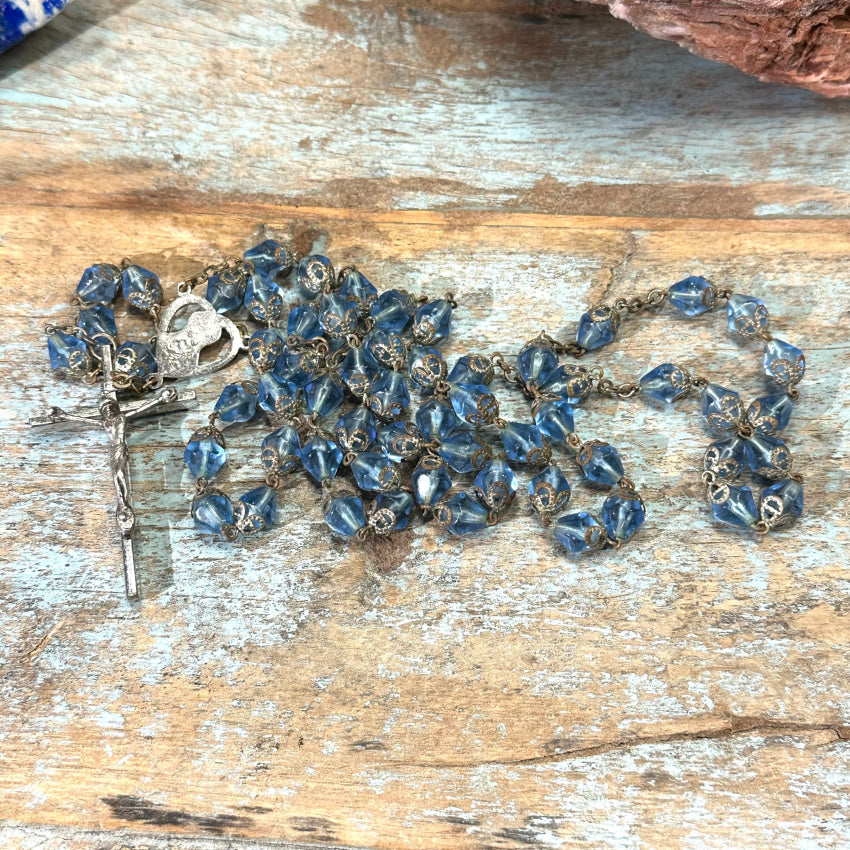 Vintage Blue Faceted Glass Bead Rosary
