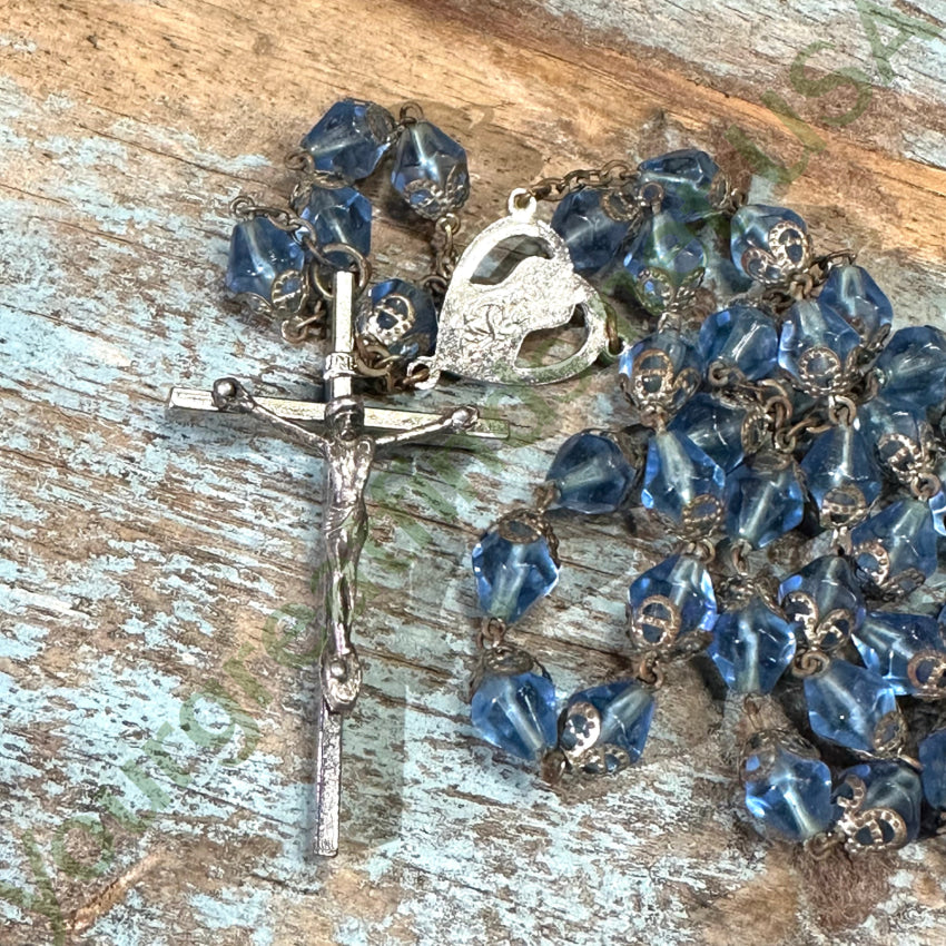 Vintage Blue Faceted Glass Bead Rosary