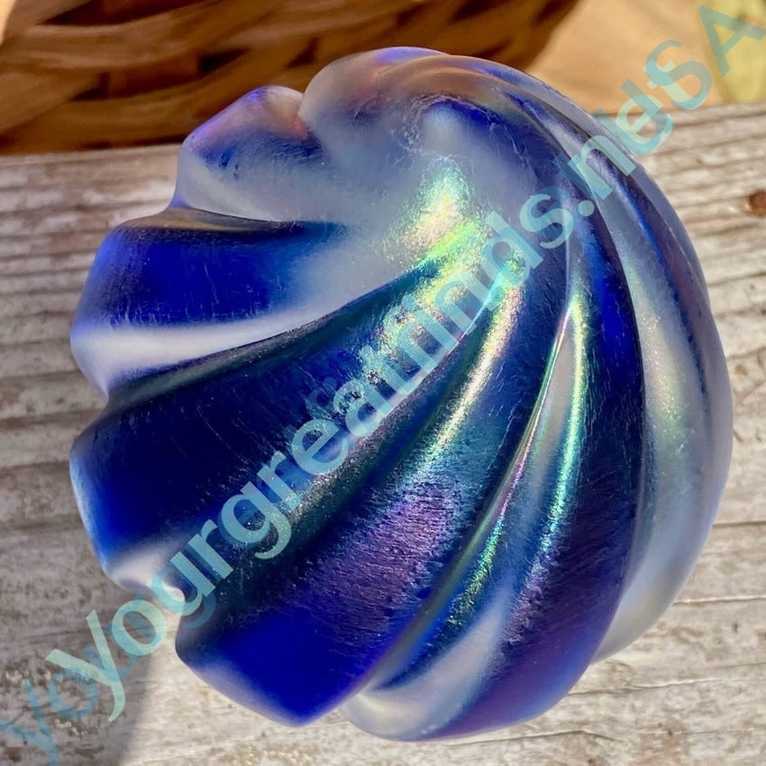 Vintage Blue Iridescent Clear Spiral Art Glass Paperweight SIGNED Maytum Studio Yourgreatfinds