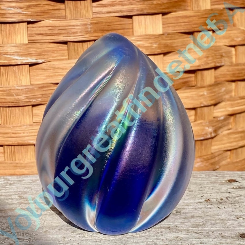 Vintage Blue Iridescent Clear Spiral Art Glass Paperweight SIGNED Maytum Studio Yourgreatfinds