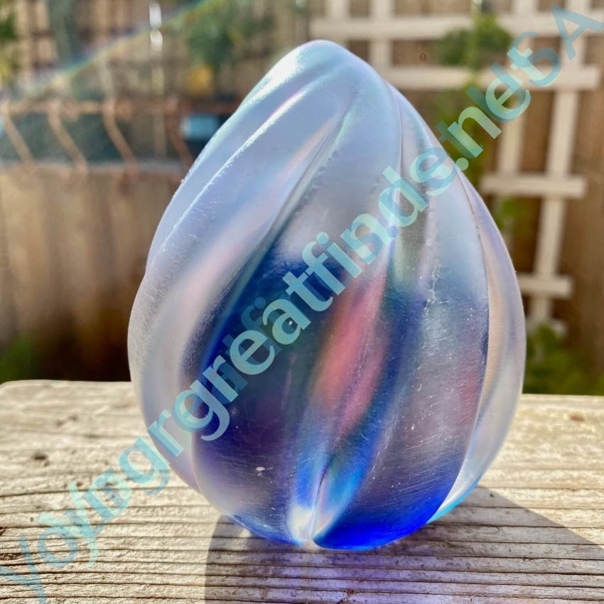 Vintage Blue Iridescent Clear Spiral Art Glass Paperweight SIGNED Maytum Studio Yourgreatfinds