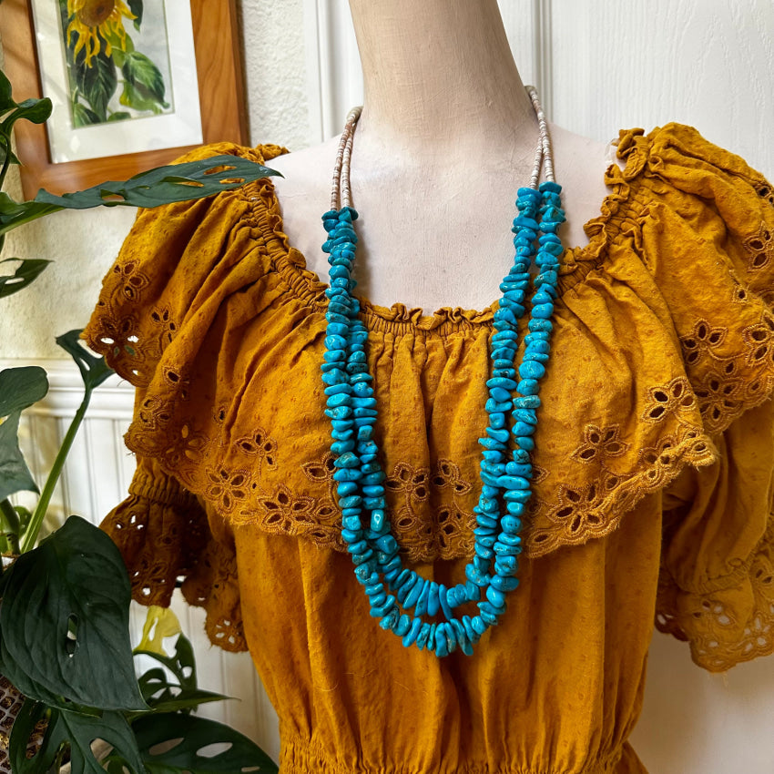 Vintage Blue Nugget Turquoise & White Heishi Bead Necklace Necklace