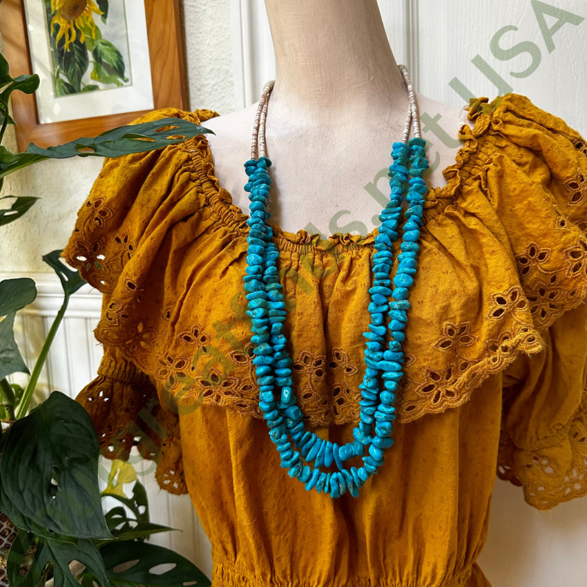 Vintage Blue Nugget Turquoise & White Heishi Bead Necklace Necklace