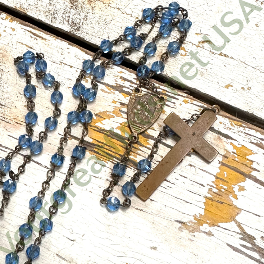 Vintage Brass Blue Glass Beaded Rosary Smooth Wear