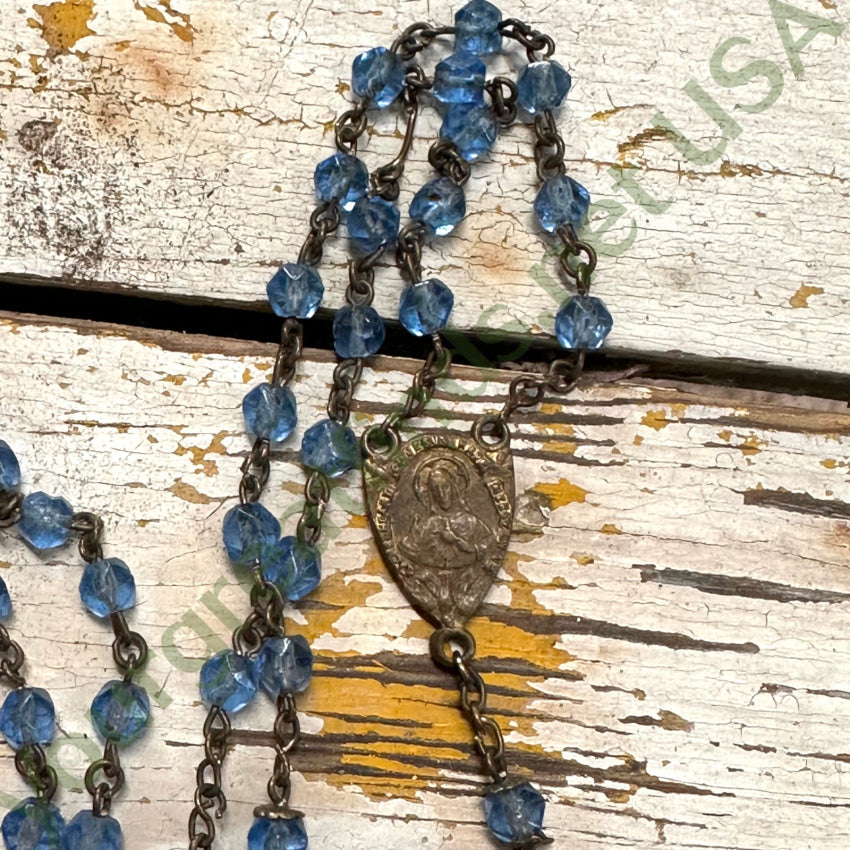 Vintage Brass Blue Glass Beaded Rosary Smooth Wear