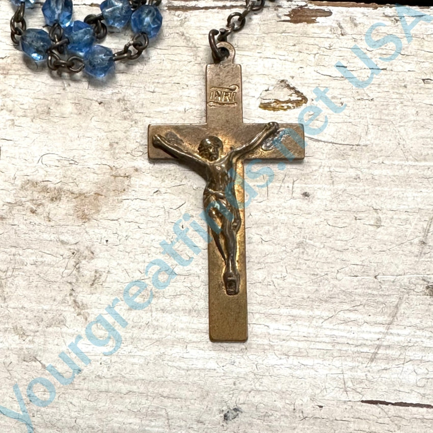 Vintage Brass Blue Glass Beaded Rosary Smooth Wear