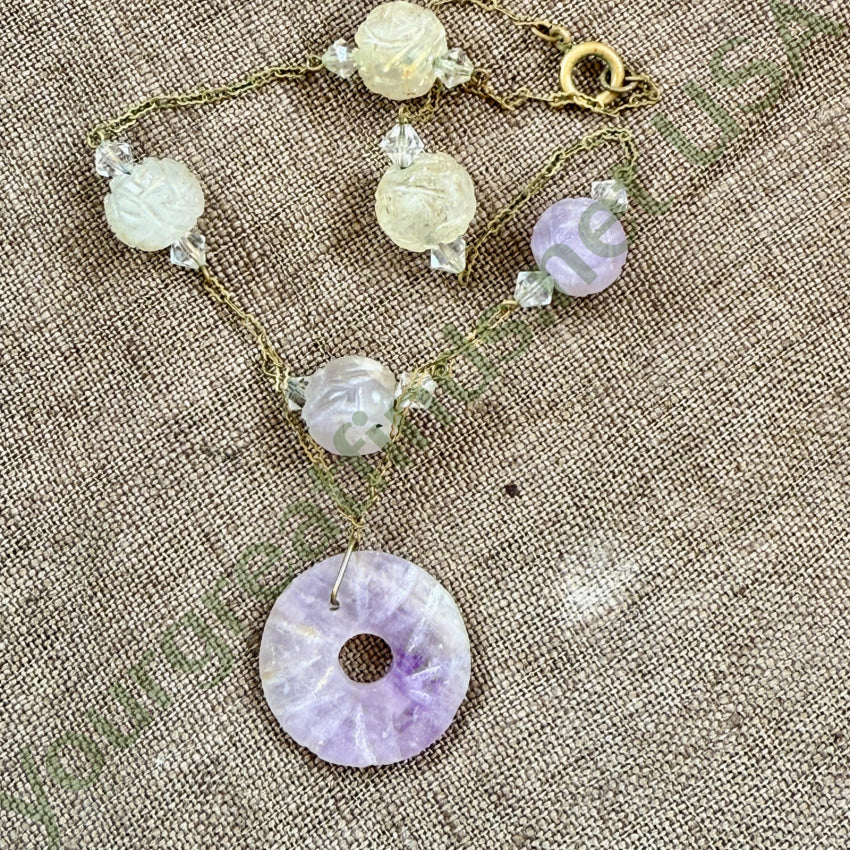 Vintage Brass Chain Jade Bead Necklace