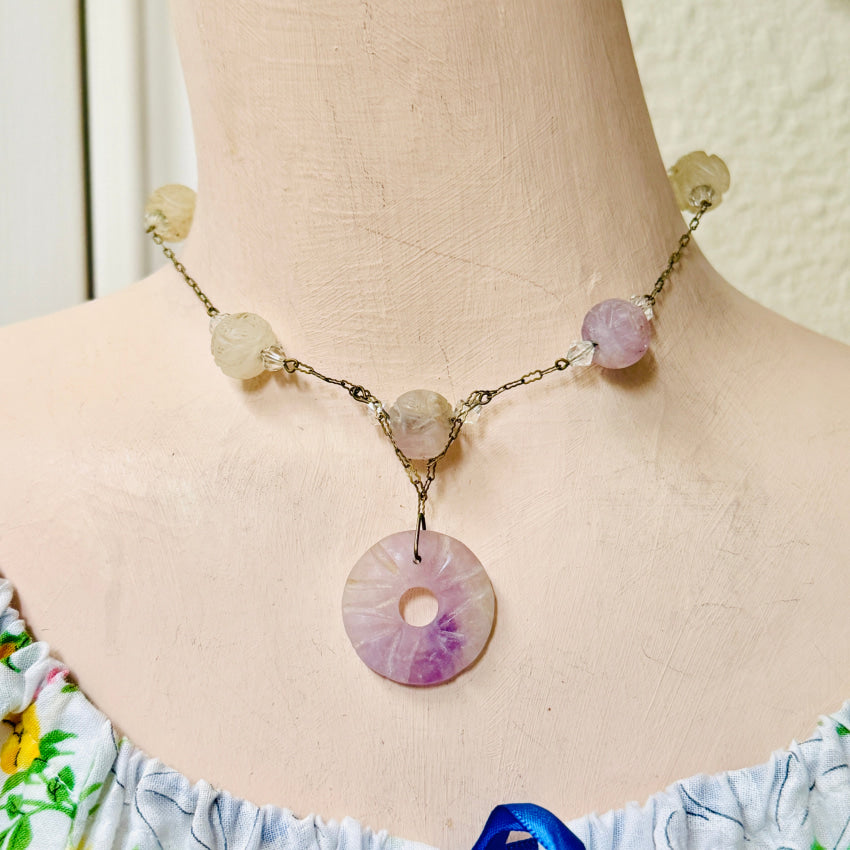 Vintage Brass Chain Jade Bead Necklace