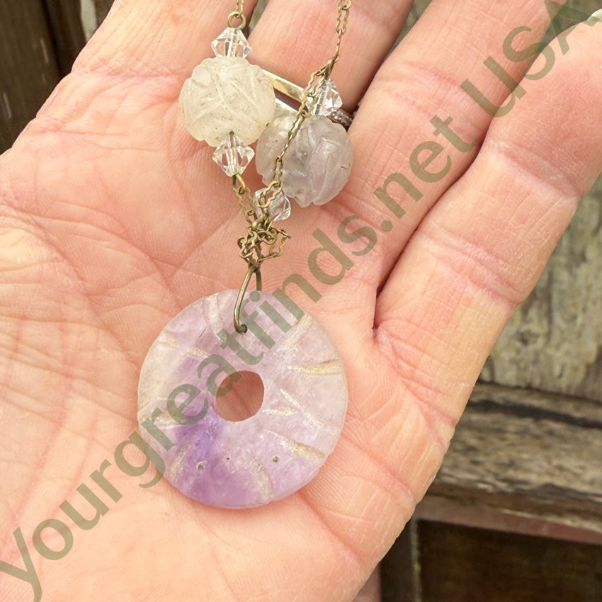 Vintage Brass Chain Jade Bead Necklace