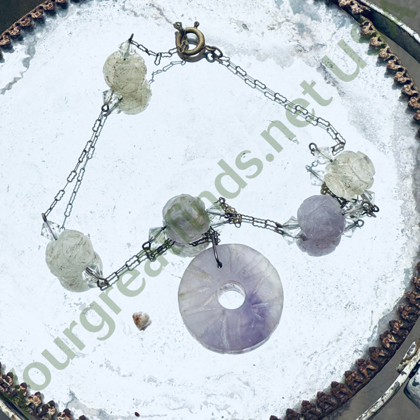 Vintage Brass Chain Jade Bead Necklace