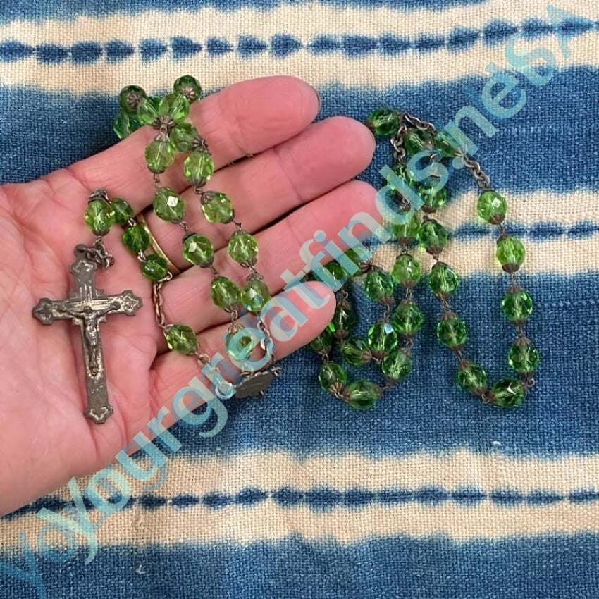 Vintage Bright 7-Up Green Faceted Glass Bead Rosary with Nice Patina Yourgreatfinds