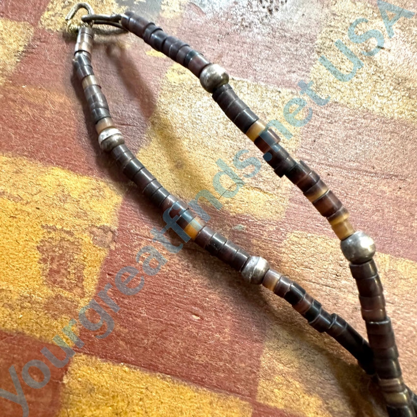 Vintage Brown Heishi Sterling Silver & Turquoise Bead Necklace