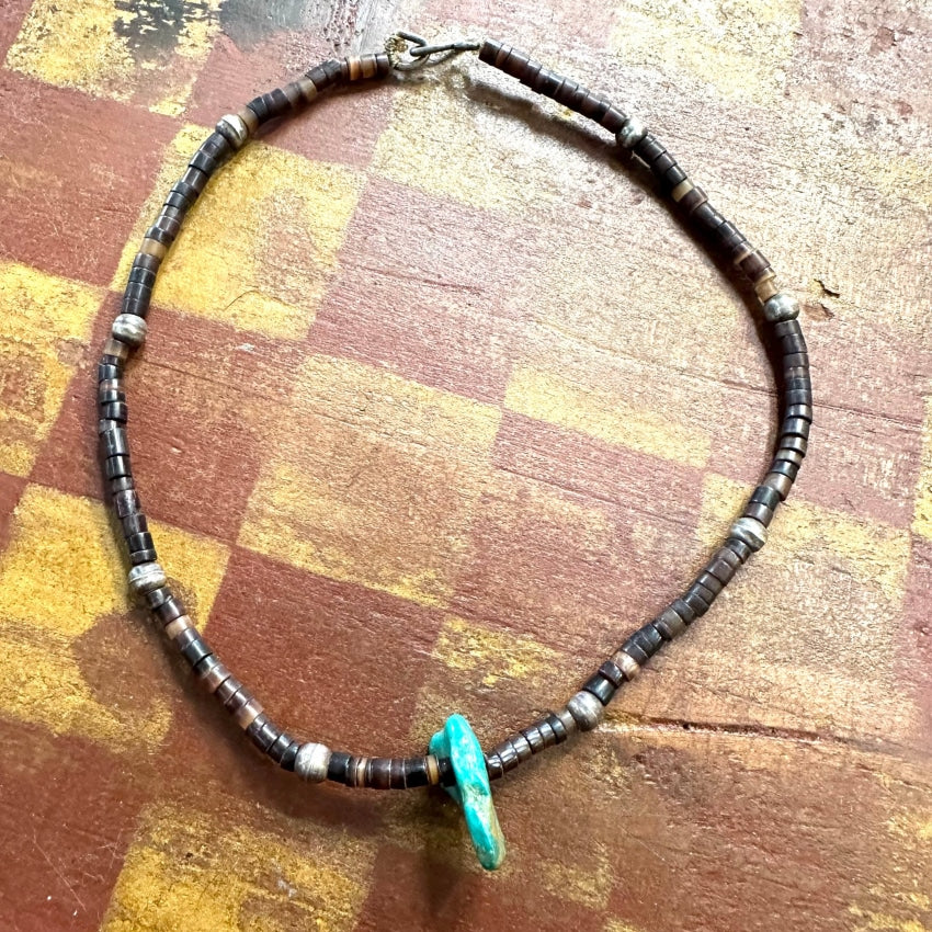 Vintage Brown Heishi Sterling Silver & Turquoise Bead Necklace