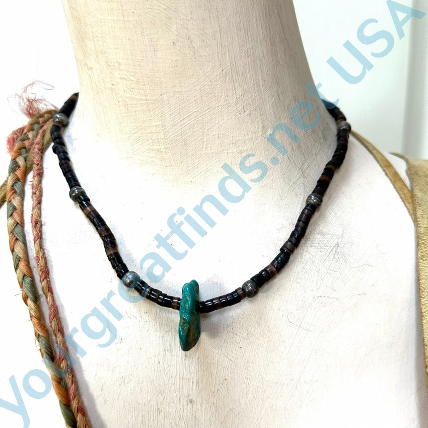 Vintage Brown Heishi Sterling Silver & Turquoise Bead Necklace