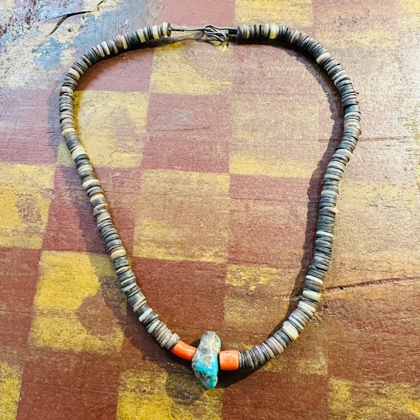 Vintage Brown Turquoise Coral Heishi Bead Necklace Native American