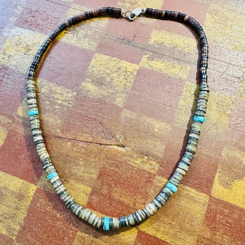 Vintage Brown &amp; Turquoise Heishi Bead Necklace Native American