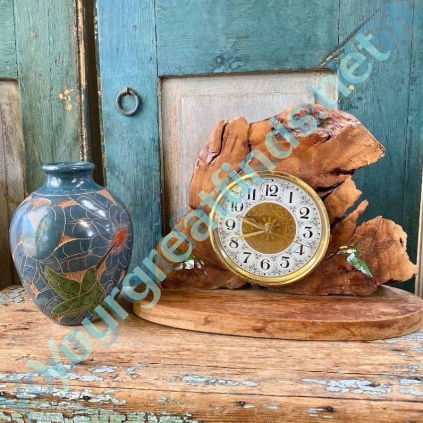 Vintage Burl Wood Mantle Clock with Hand Painted Hummingbirds Yourgreatfinds