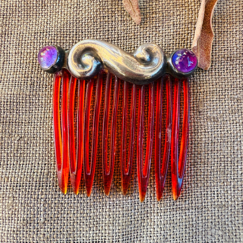 Vintage C. 1930 Mexican Sterling Silver & Purple Amethyst Hair Comb hair comb