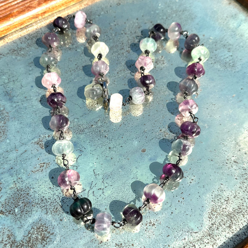 Vintage Carved Flourite Pumpkin Bead Necklace