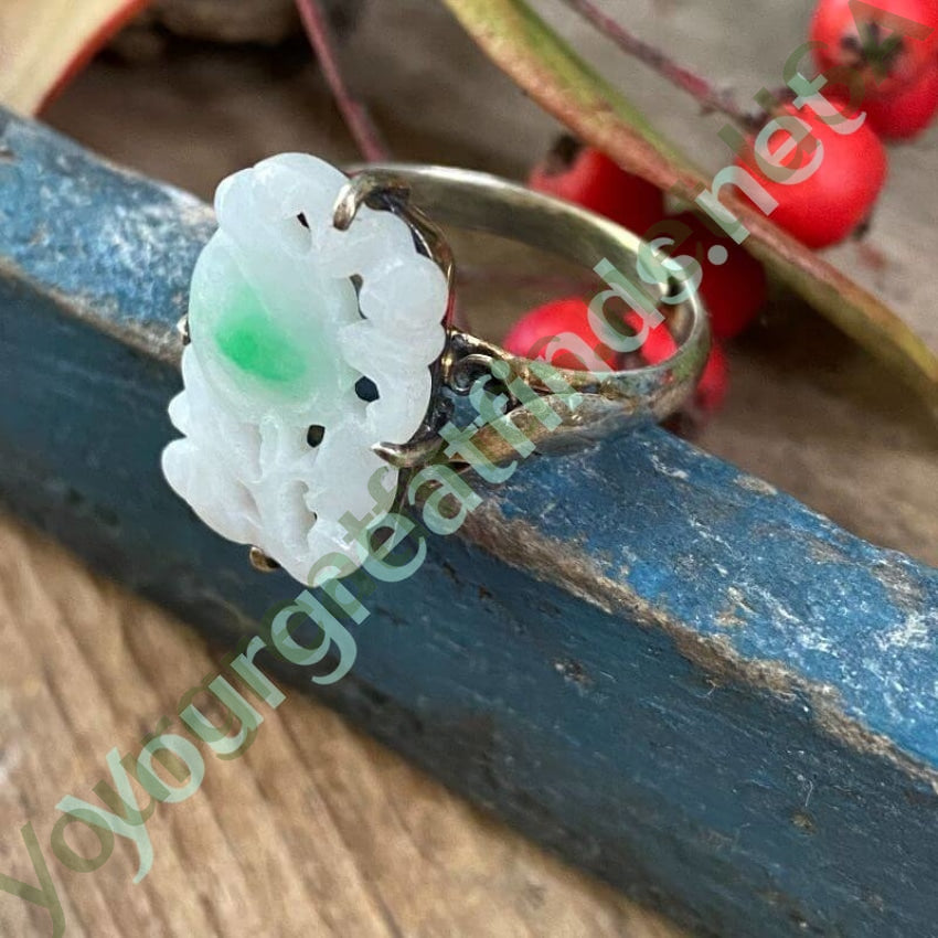Vintage Carved Moss in Snow Jade Ring Sterling Silver Adjustable Yourgreatfinds