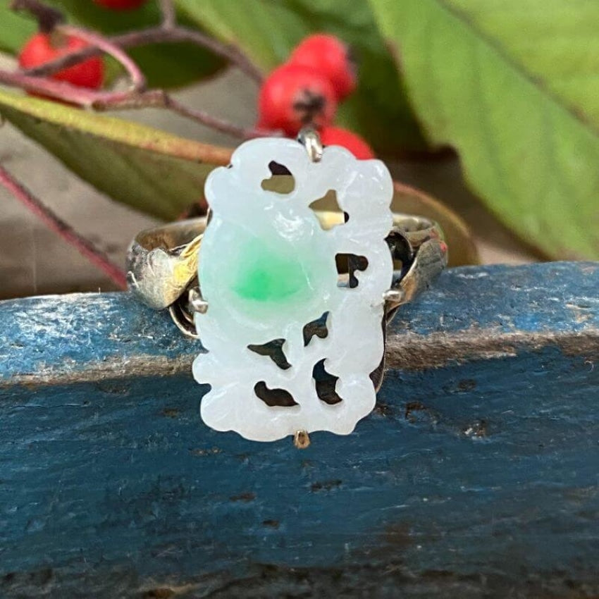 Vintage Carved Moss in Snow Jade Ring Sterling Silver Adjustable Yourgreatfinds