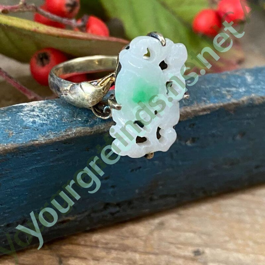 Vintage Carved Moss in Snow Jade Ring Sterling Silver Adjustable Yourgreatfinds