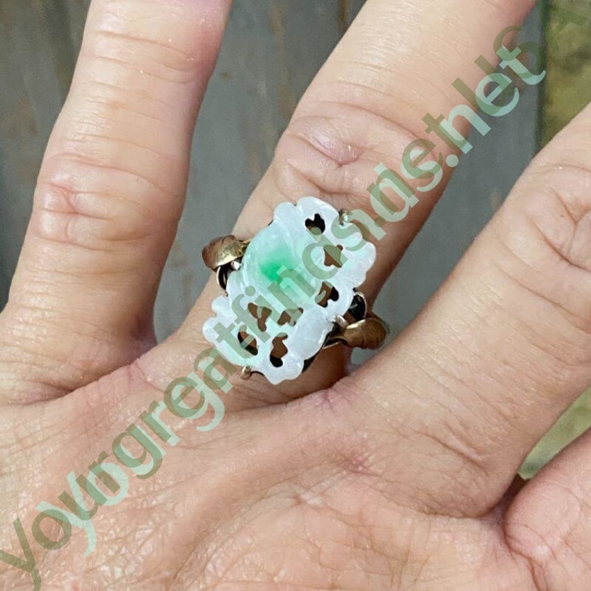 Vintage Carved Moss in Snow Jade Ring Sterling Silver Adjustable Yourgreatfinds