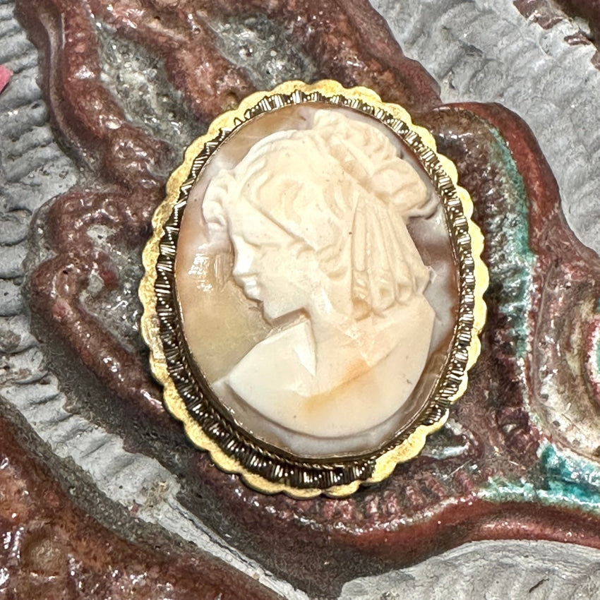 Vintage Carved Shell Cameo Brass Setting Brooch Pendant