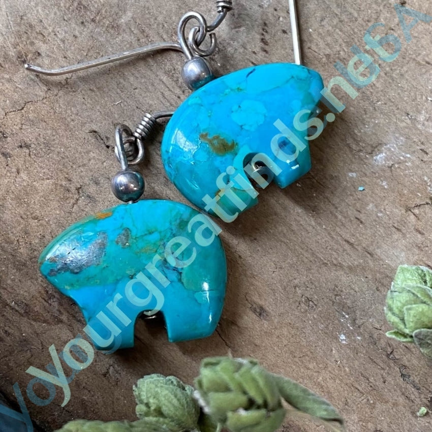 Vintage Carved Turquoise Zuni Bear Earrings Sterling Silver Yourgreatfinds