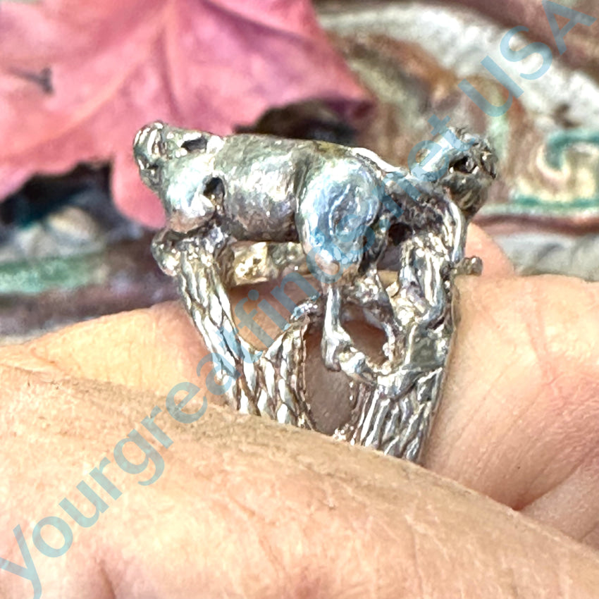 Vintage Cast Solid Sterling Silver Battling Stallions Ring 10 1/2