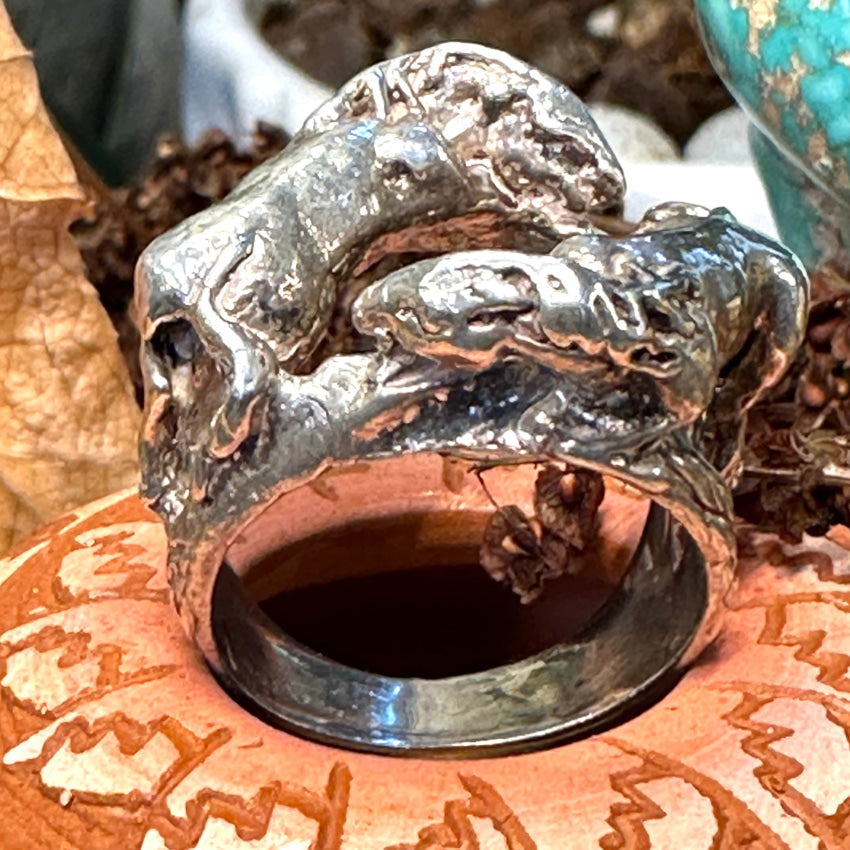 Vintage Cast Solid Sterling Silver Battling Stallions Ring 10 1/2