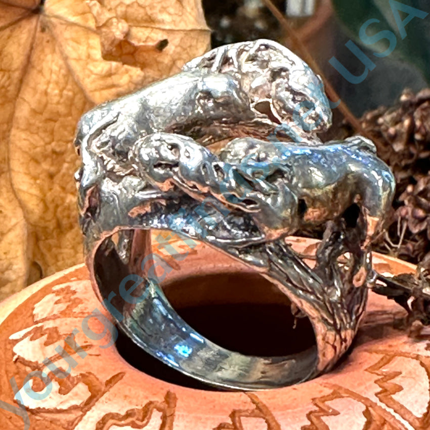 Vintage Cast Solid Sterling Silver Battling Stallions Ring 10 1/2