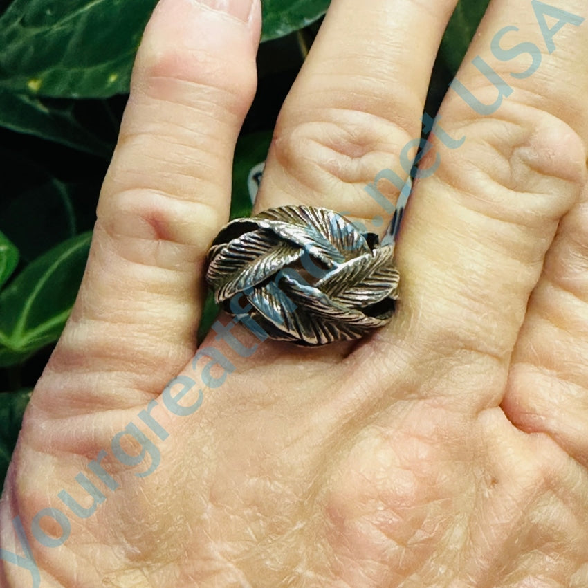 Vintage Cast Sterling Silver Entwined Feather Dome Ring Size 8.5