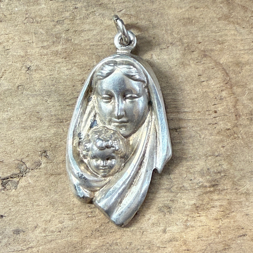 Vintage Cast Sterling Silver Mary & Jesus Mother & Child Pendant pendant