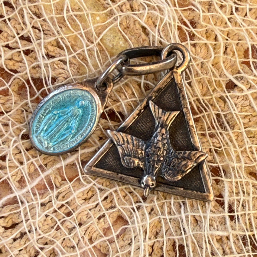 Vintage Catholic Double Charm Pendant Trinity & Miraculous Mary 925 devotional pendant