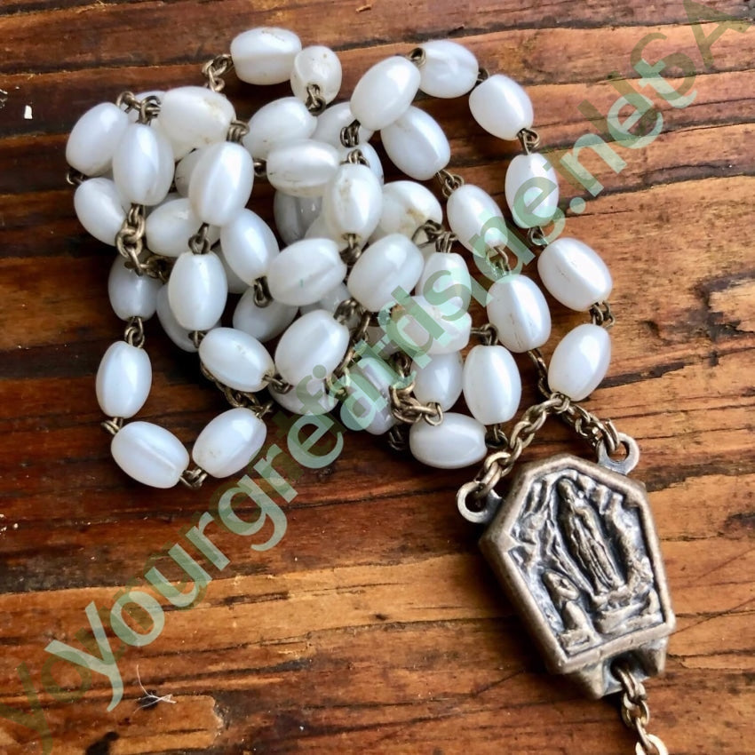 Vintage Catholic Rosary Necklace Eae De Lourdes Milk Glass Yourgreatfinds
