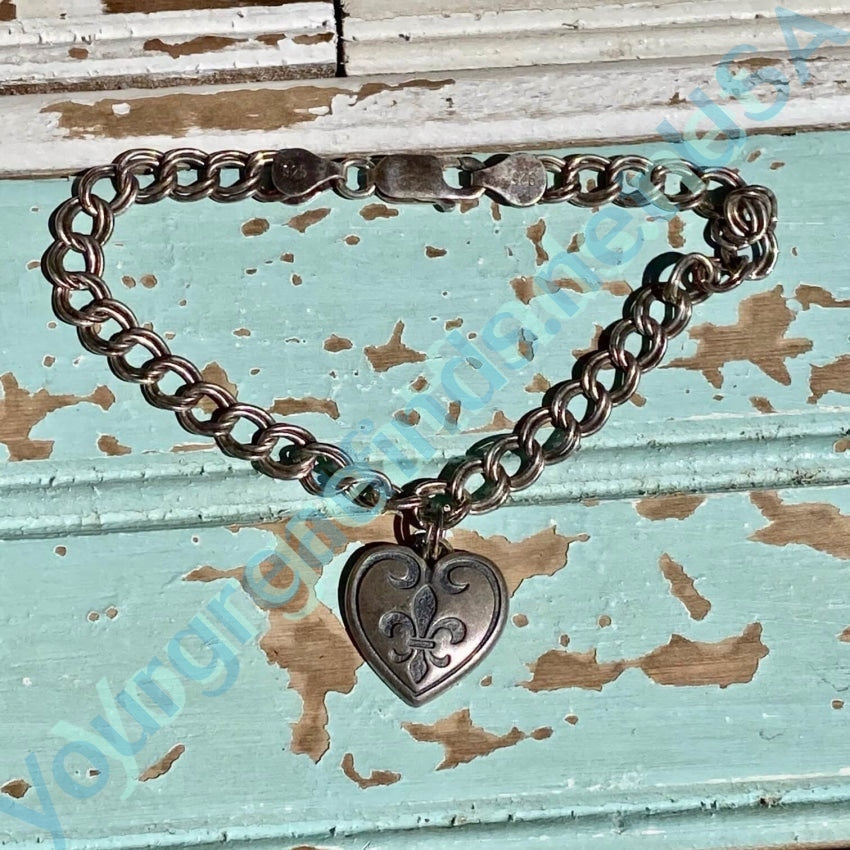 Vintage Chain Bracelet French Fleur de Lis Heart Charm 925 Silver Yourgreatfinds