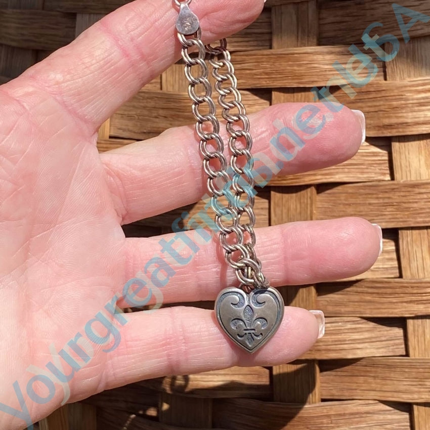 Vintage Chain Bracelet French Fleur de Lis Heart Charm 925 Silver Yourgreatfinds