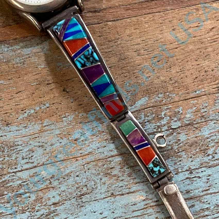 Vintage Channel Inlay Sterling Silver Watch Band Navajo Earl Plummer