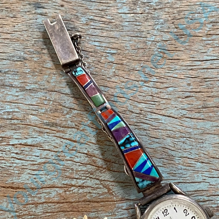 Vintage Channel Inlay Sterling Silver Watch Band Navajo Earl Plummer