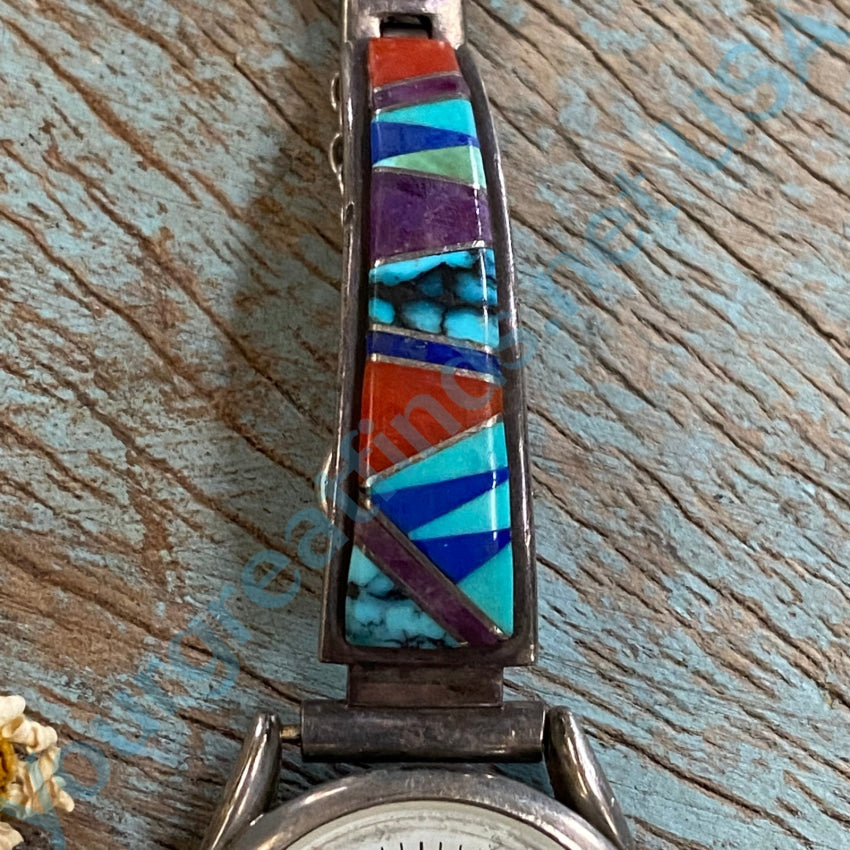 Vintage Channel Inlay Sterling Silver Watch Band Navajo Earl Plummer