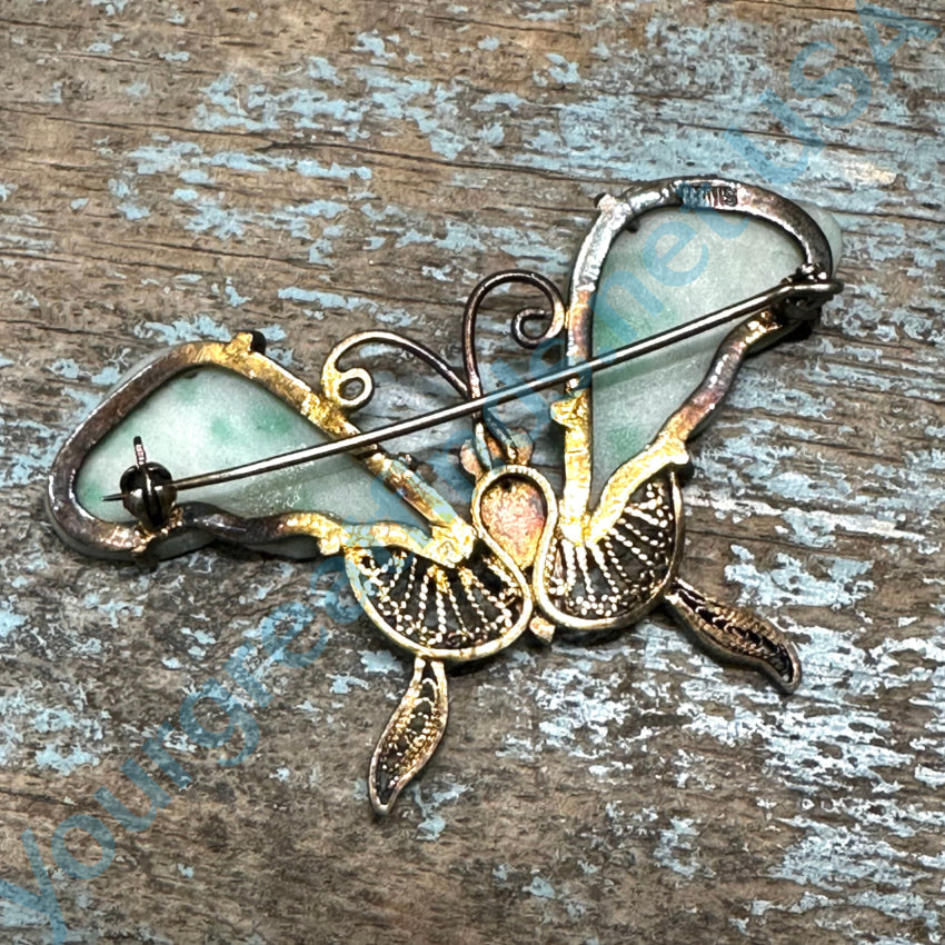 Vintage Chinese Export Gilded Sterling Silver Jade Butterfly Pin